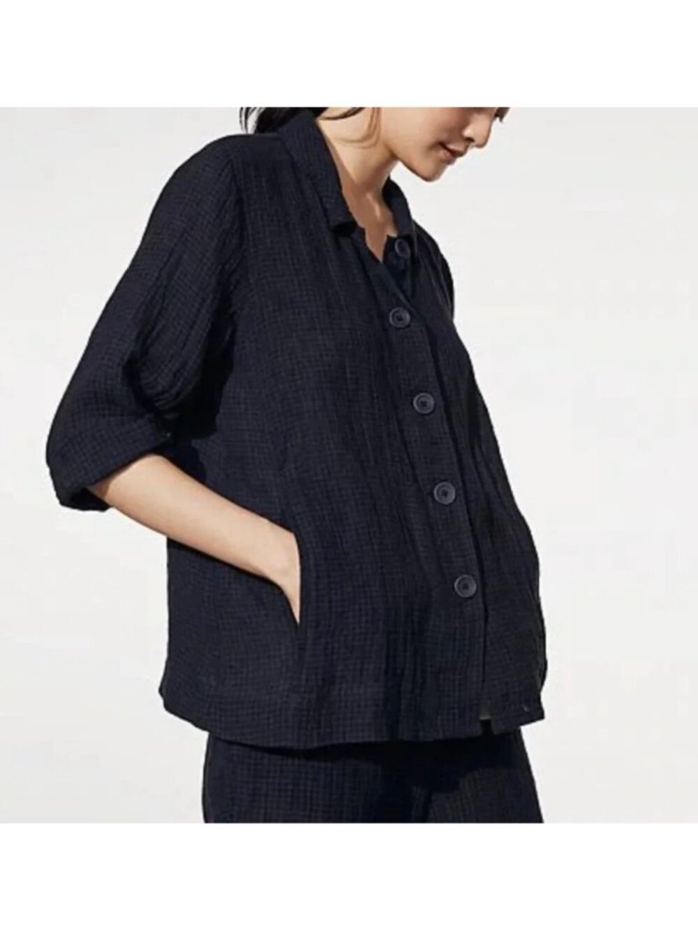 Eileen Fisher Organic Linen Gingham Button Down Shirt Jacket Navy Women’s XL